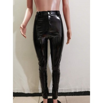 Adogirl 2020 Fall Winter Black PU Leather Pants Zipper Split Bottom Mid Waist Stretchy Tights Pencil Pants Women Trousers